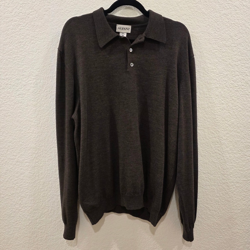 VTG Alfani Wool Polo Sweater Mens XL Brown Merino Made In Italy Quiet Luxury 90s